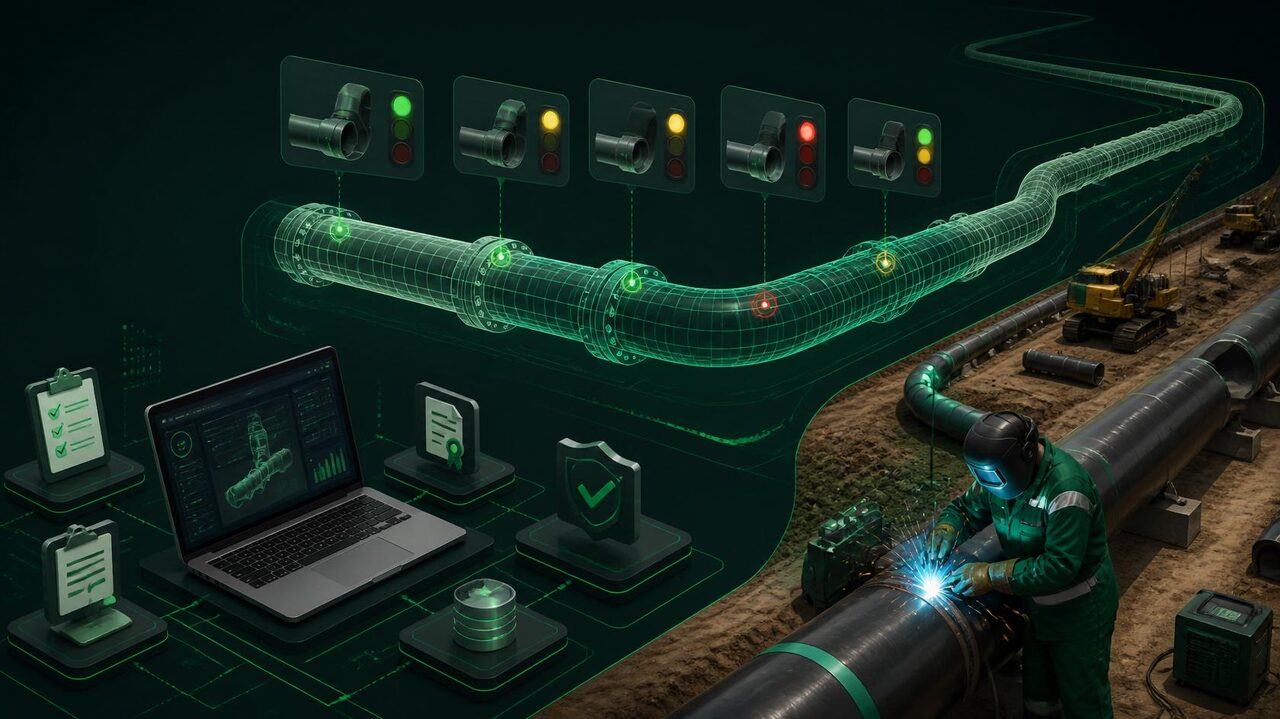 PipeFlow MES — rastreabilidade junta a junta em obras de tubulação